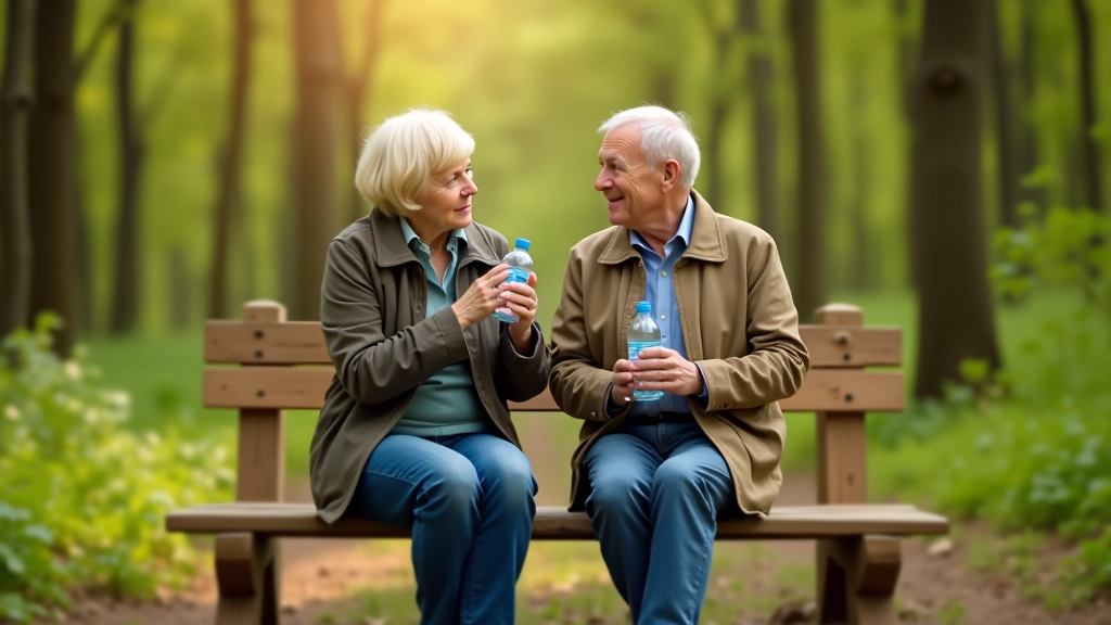 Seniori sēž uz koka soliņa, dzer ūdeni un runā, skaidrs dienassals, mierīga atmosfēra