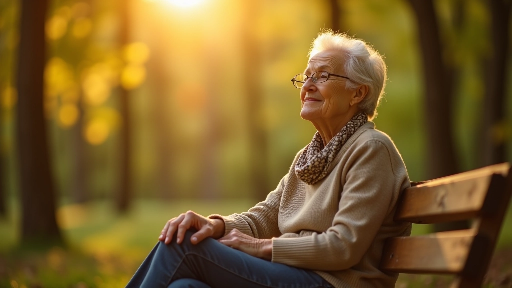 Senioru sieviete sēž uz bāļķa koka ielā blakus dabas skaistumam, patīk vasaras smaržai un mieram